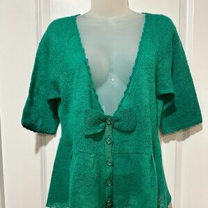 Anthropologie Knitted & Knotted Kelly Green Cardigan w/Bow, Size M